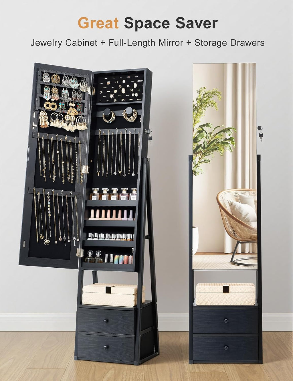 Nicetree Mirror Jewelry Cabinet Standing, Lockable Jewelry Cabinet Armoire with 2 Drawers, Full Length Mirror with Jewelry Storage, Christmas Gifts, Black