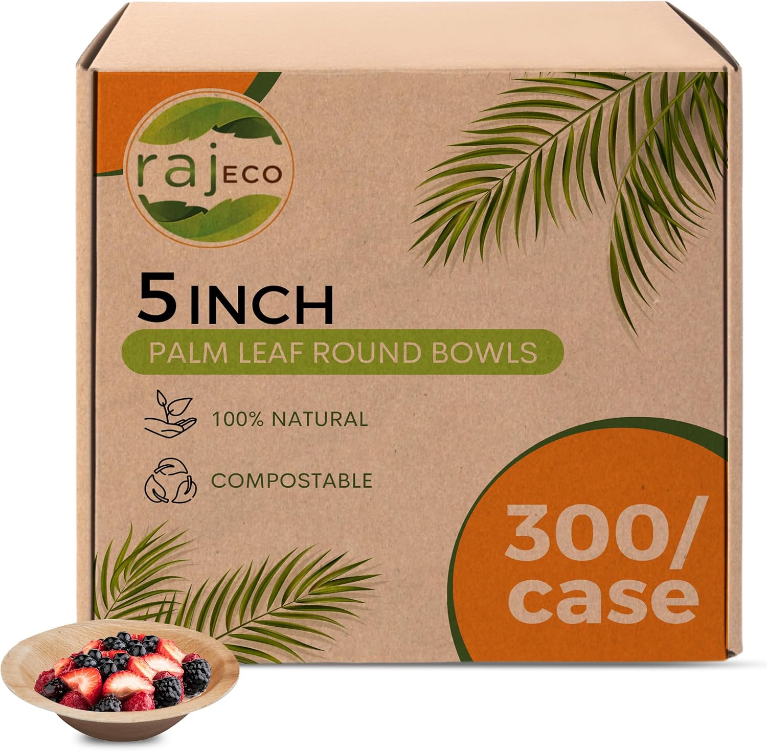 Raj Palm Leaf Bulk Bowls [50-Pack] 5' Round Bowls (6 CASES - 300 PACK) like Bamboo bowls Disposable, Strong, Decorative Compostable Tableware for weddings, Camping, Outdoor