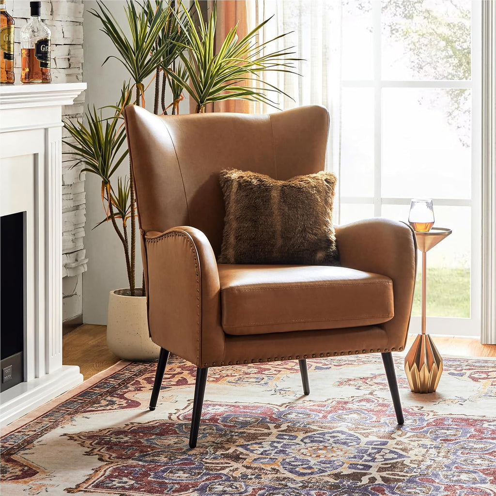 HULALA HOME Faux Leather Accent Chair with Removable Cushion, Comfy Upholstered Armchair with Black Metal Legs & Nailhead Trim Wingback Vanity Chair for Reading Living Room Bedroom, Camel
