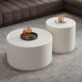 Round Living Room Table Set with Hidden Storage, 27.56' White Drum Center Table and 19.69' White Coffee Table Set, 2 Pieces Coffee Table Set with Tempered Glass Top and PU Leather Body