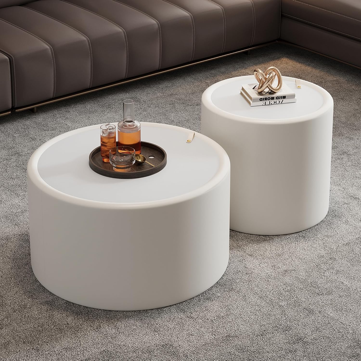 19.69' White Round Coffee Table with Hidden Storage, Drum Coffee Table with Tempered Glass Top and PU Leather Body, Circle Cocktail Tea Table for Living Room, No Assemble