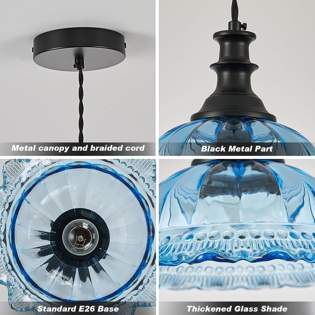 HDDFL Glass Pendant Lights Modern Pendant Lighting Fixtures Hanging Lamp for Kitchen Island Bedroom Dining Room Coffee Shop Hallway Blue and Black 2 Pack