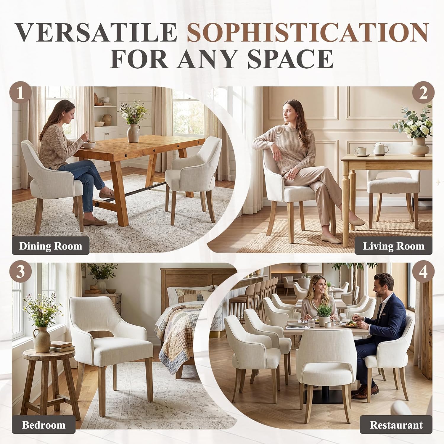 Farmhouse Upholstered Dining Chairs Set of 2, Linen Fabric Dining Room Chairs with Arms, Solid Wood Kitchen Side Chairs for Dining Living Room Bedroom, Upgraded Size, Cream