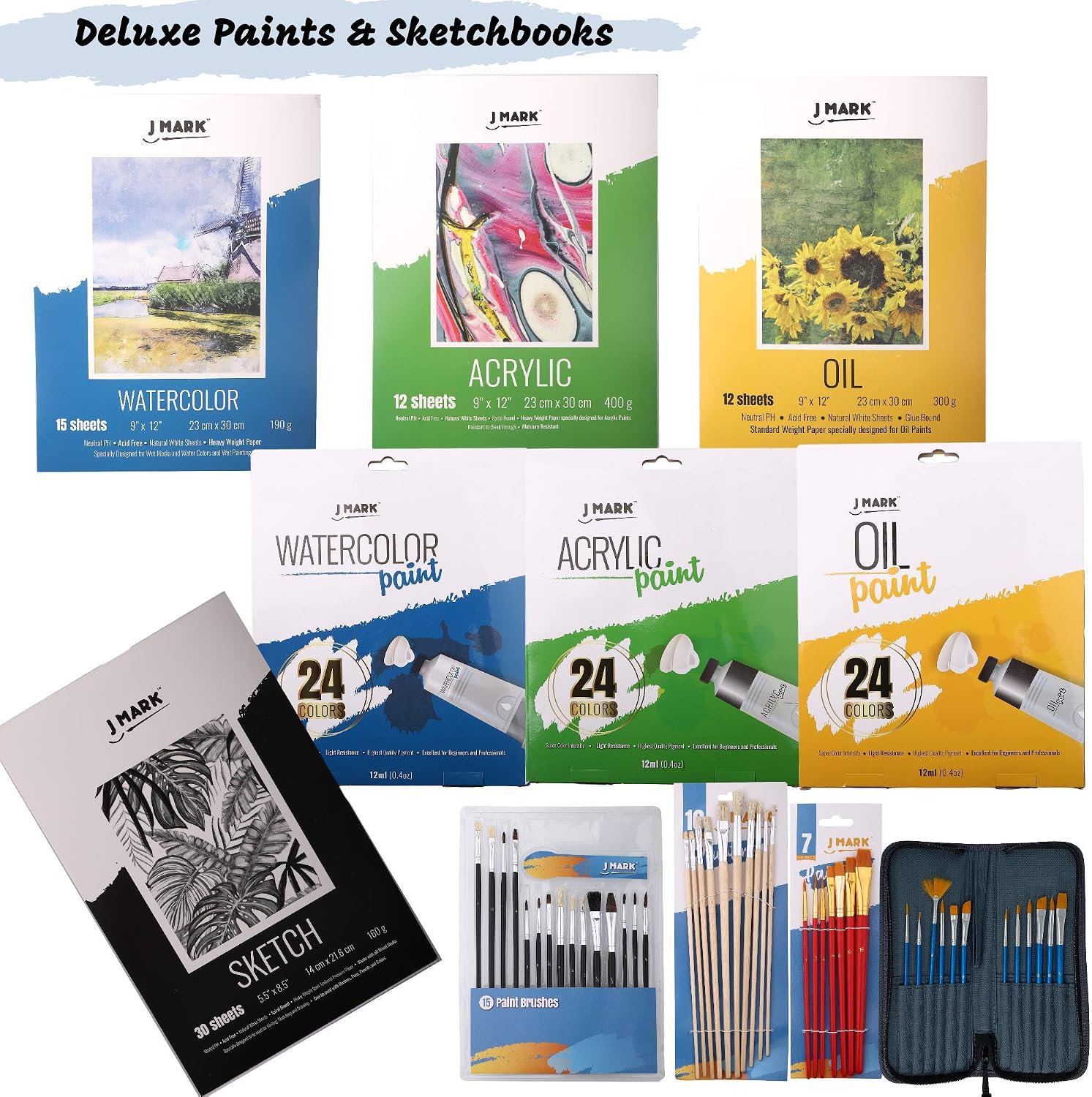 J MARK Painting Kit for Adults, Oil Paint Set- All in Deluxe Acrylic, Watercolor and Oil Painting Set