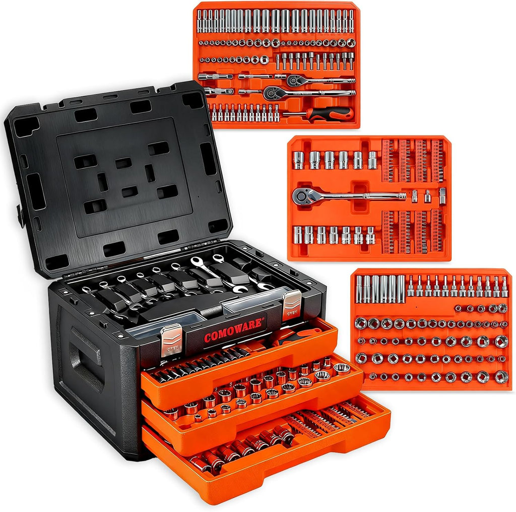 COMOWARE 320-Piece Master Mechanic Tool Set with Case, Father day Gift, 1/4' 3/8' 1/2' Drive SAE & Metric Socket Wrench Set, Includes 72T Ratchet Set, CR-V Steel, Hex Keys & Specialty Bits