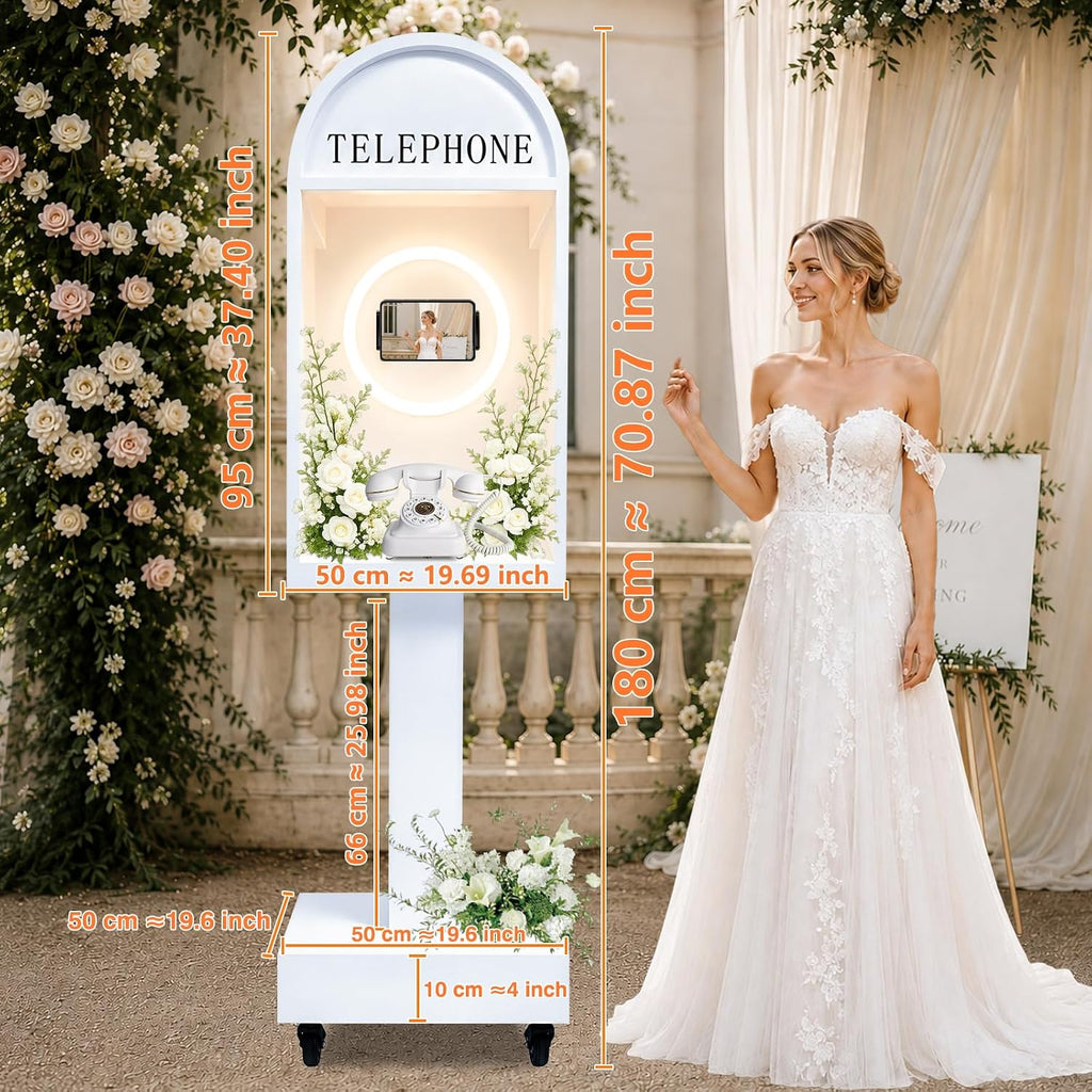 Wedding Telephone Booth Audio Guest Book Photo Booth Stand with 3 Color Ring Light 360° Rotatable Tablet Holder Built-in Type-C Charging Port Lockable Rolling Wheels for Wedding Party Events
