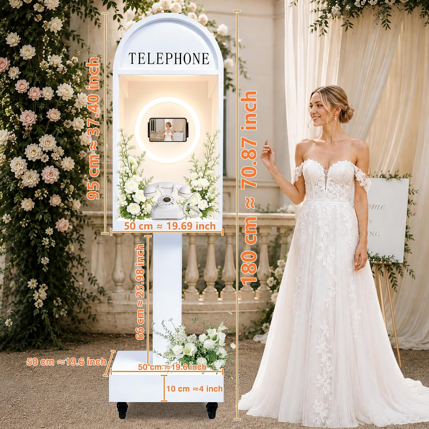 Wedding Telephone Booth Audio Guest Book Photo Booth Stand with 3 Color Ring Light 360° Rotatable Tablet Holder Built-in Type-C Charging Port Lockable Rolling Wheels for Wedding Party Events