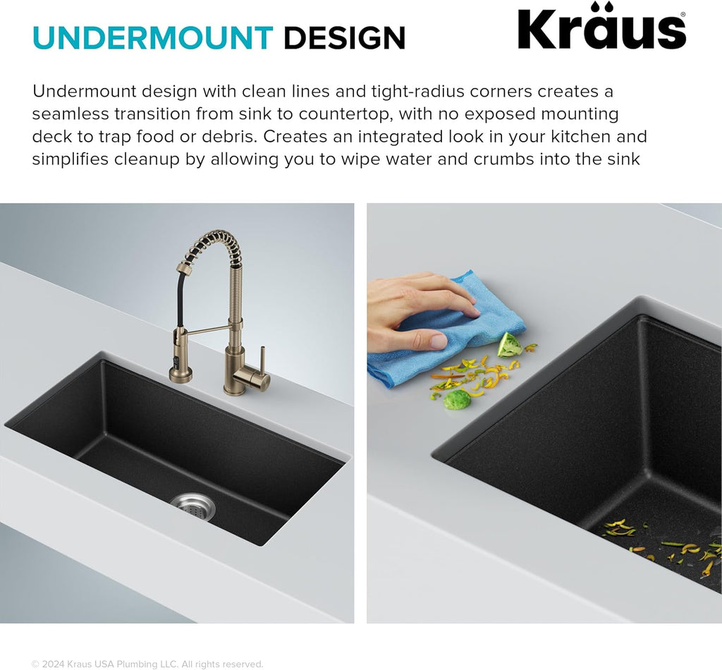 KRAUS Quarza 31-inch Undermount Single Bowl Granite Kitchen Sink in Black Onyx, KGU-413B