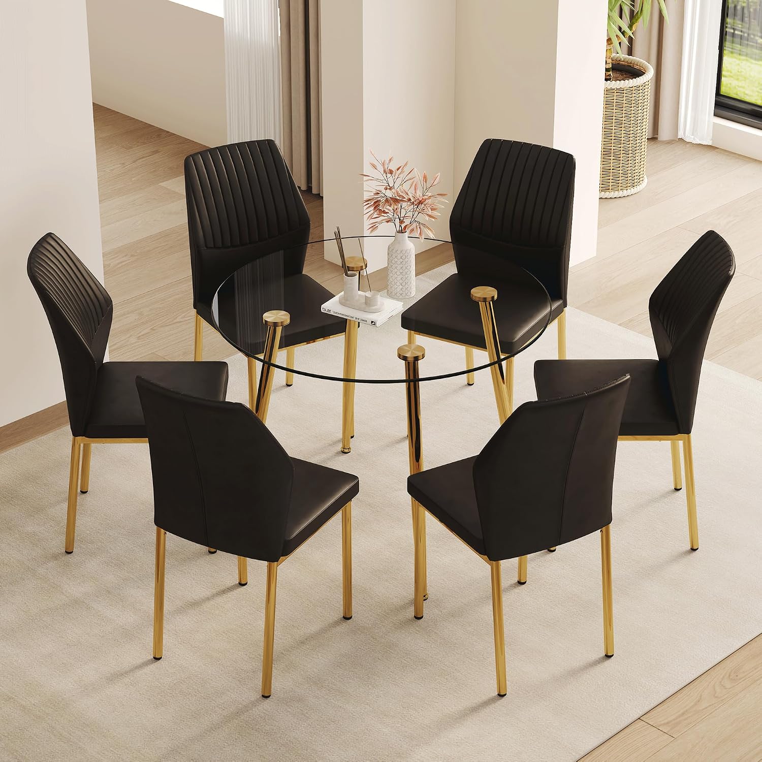 Dining Room Chairs Set of 4,Comfortable,Fashionable Soft Padded Kitchen Chairs High Backrests Metal Legs. Suitable for Living Room and Bedroom (Black+Gold Leg Set of 4)