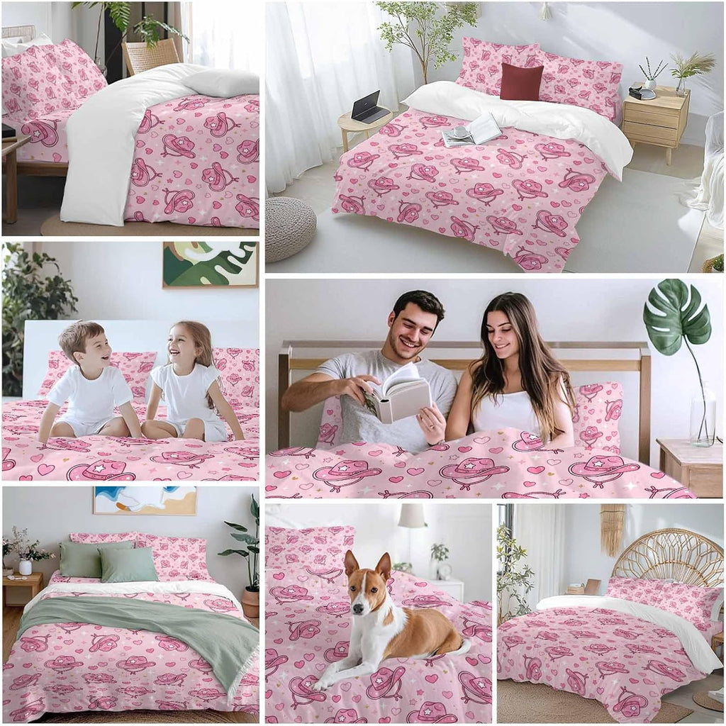 Pink Heart Cowboy Hat Duvet Cover Set Queen Size 4 Pieces Modern Minimalist Sparkling Love Star Bedding Set with Zipper Closure, 1 Comforter Cover 86x86 Inches 1 Flat Sheet & 2 Pillow Cases