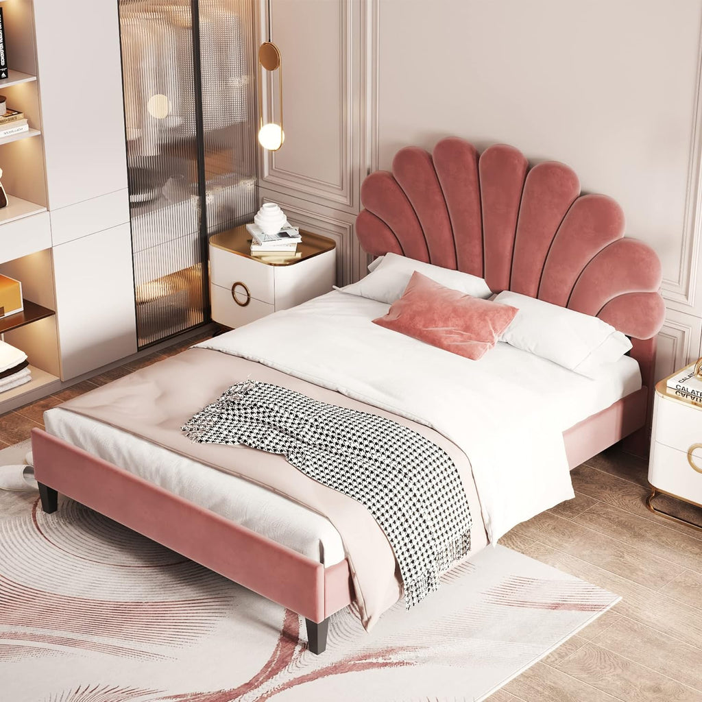 Full Size Velvet Upholstered Platform Bed with Flower Pattern Headboard,Bedroom Wood Bed Frame W/Wooden Slats Support,No Box Spring Needed,for Guest Room,Apartment,Bean Paste Red