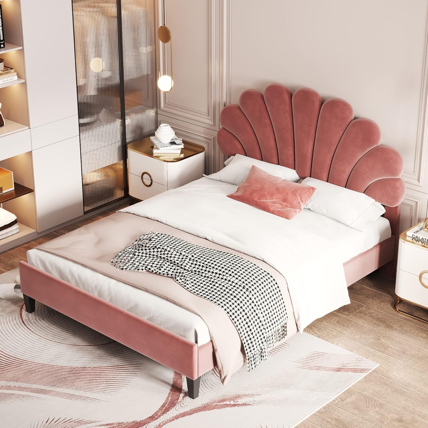 Full Size Velvet Upholstered Platform Bed with Flower Pattern Headboard,Bedroom Wood Bed Frame W/Wooden Slats Support,No Box Spring Needed,for Guest Room,Apartment,Bean Paste Red