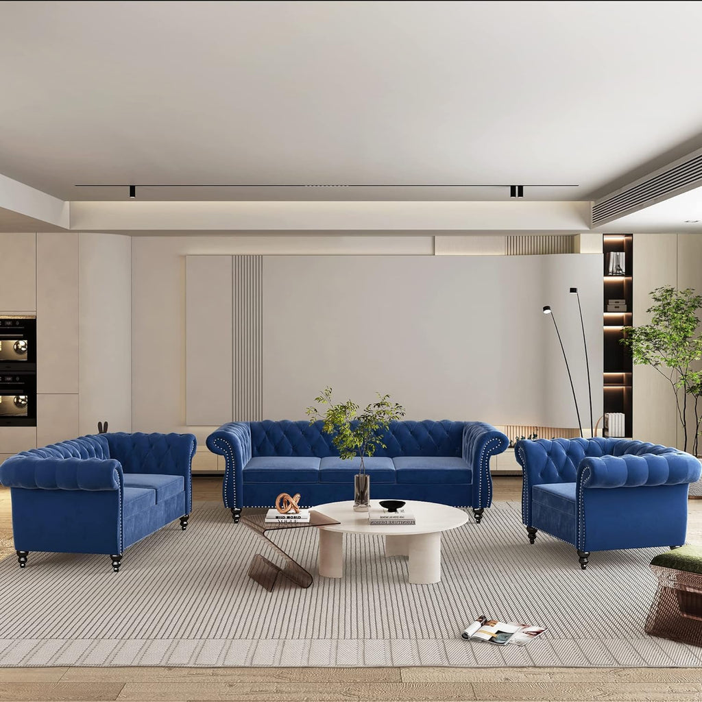QHITTY 3 Piece Living Room Couch Set, Sectional Chesterfield Sofa Chair Contemporary Upholstered Velvet Loveseat Sofa Sets for Living Room, Office, Small Apartment