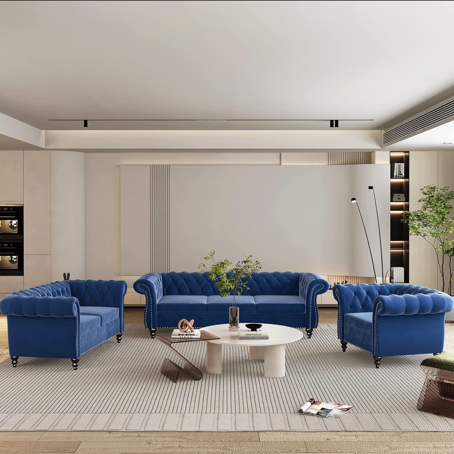 QHITTY 3 Piece Living Room Couch Set, Sectional Chesterfield Sofa Chair Contemporary Upholstered Velvet Loveseat Sofa Sets for Living Room, Office, Small Apartment
