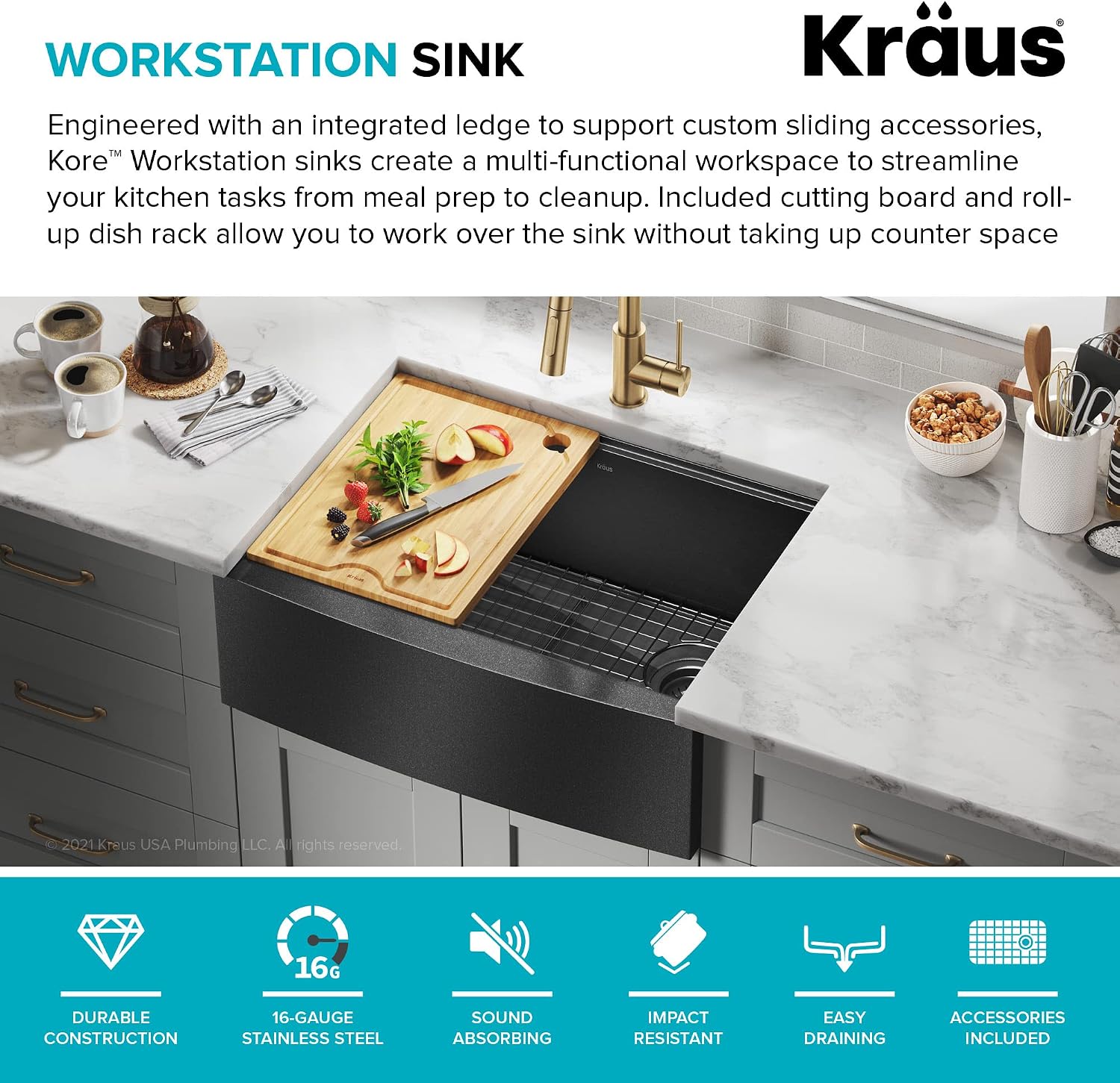 KRAUS Kore Workstation 27-inch Farmhouse Apron Front 16 Gauge Black Stainless Steel Single Bowl Kitchen Sink in PVD Gunmetal Finish with Accessories, KWF210-27-PGM
