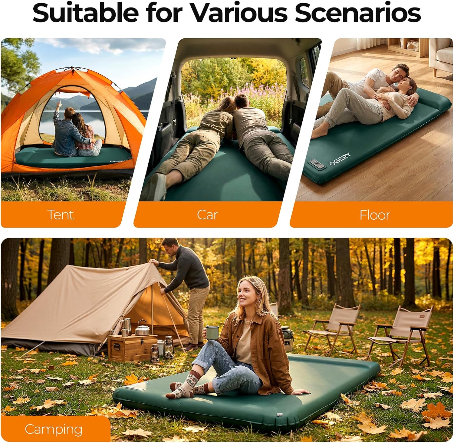 OGERY Self Inflating Sleeping Pad with Electric Pump, 3.15' Ultra-Thick Memory Foam Camping Pad, 4 Season Camping Mattress Pad with Built-in Pillow