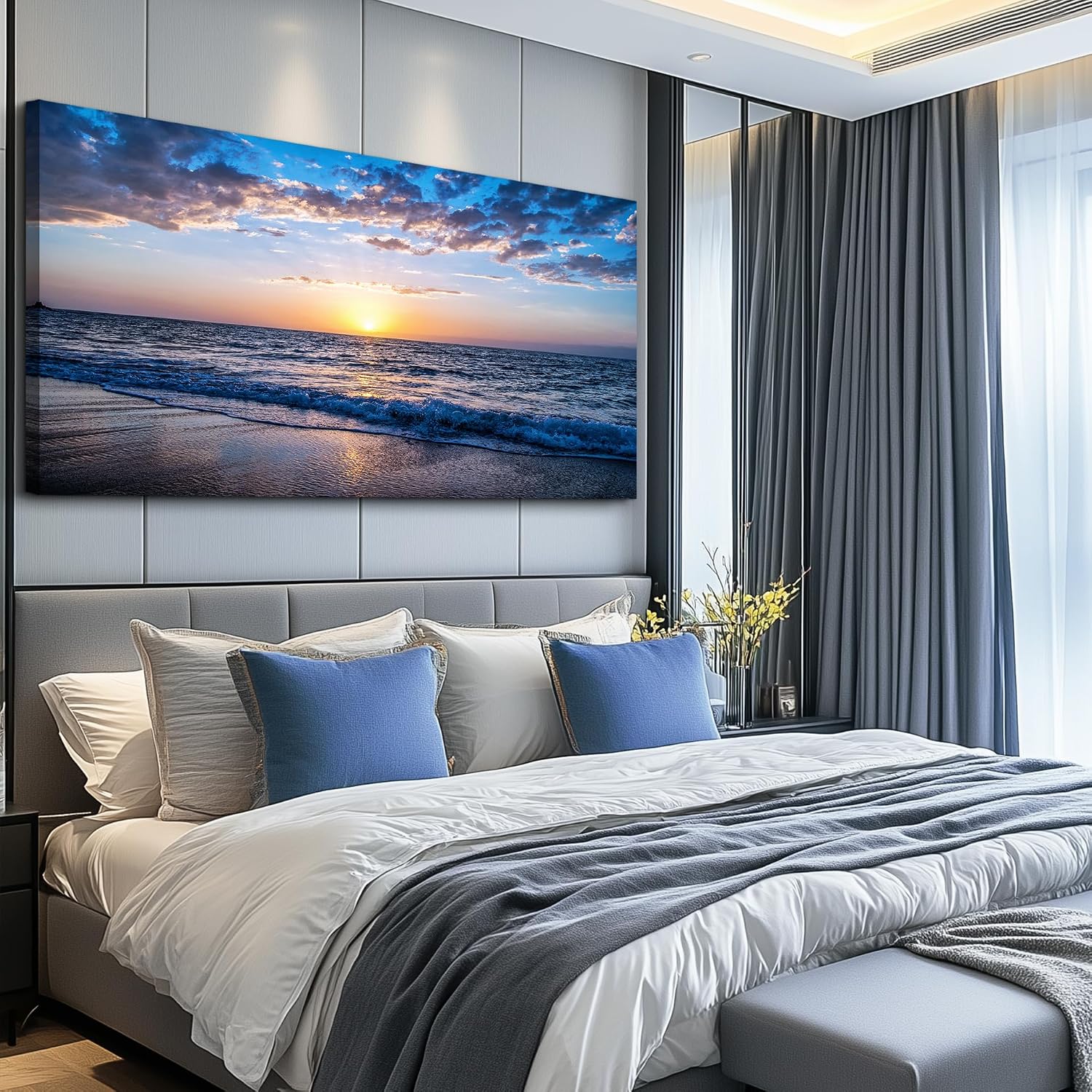 hyidecorart Wall Art Moon Sea blue Ocean Landscape Paintings Bedroom Canvas Art Print wall art for living room Paintings for Wall Decor and large Home Decor (30 x 60inch x 1pcs)