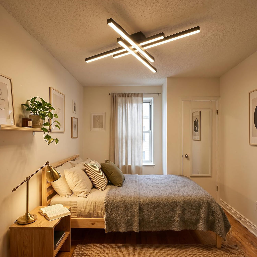 Modern LED Ceiling Lights 43.3' Black Flush Mount Ceiling Light Fixture Sputnik Dimmable Ceiling Lights with Remote Control for Bedroom Living Room Kitchen Room(4 Lights)