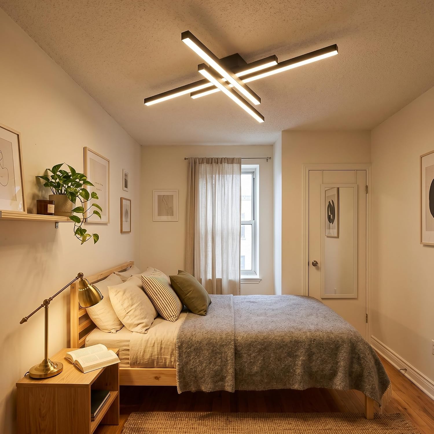 Modern LED Ceiling Lights 43.3' Black Flush Mount Ceiling Light Fixture Sputnik Dimmable Ceiling Lights with Remote Control for Bedroom Living Room Kitchen Room(4 Lights)
