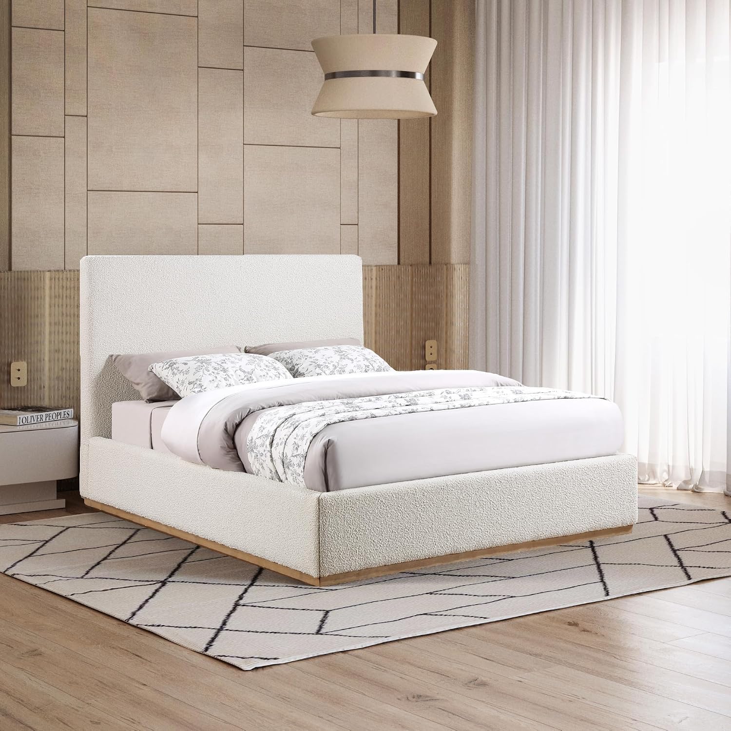 Meridian Furniture MonacoCream-F Monaco Collection Modern | Contemporary Boucle Fabric Upholstered Full Bed with Solid Wood Natural Wire Brush Finish, 58.5' W x 82.5' D x 52' H, Cream, Full