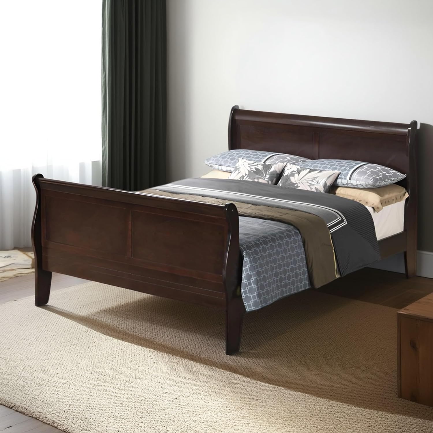 GDFStudio Full Size Wood Platform Bed Frame, Classic Sleigh Design with Curved Trim & Wood Posts,Easy Assembly, Box Spring Required,Timeless Elegant Bedroom Furniture,Cappuccino