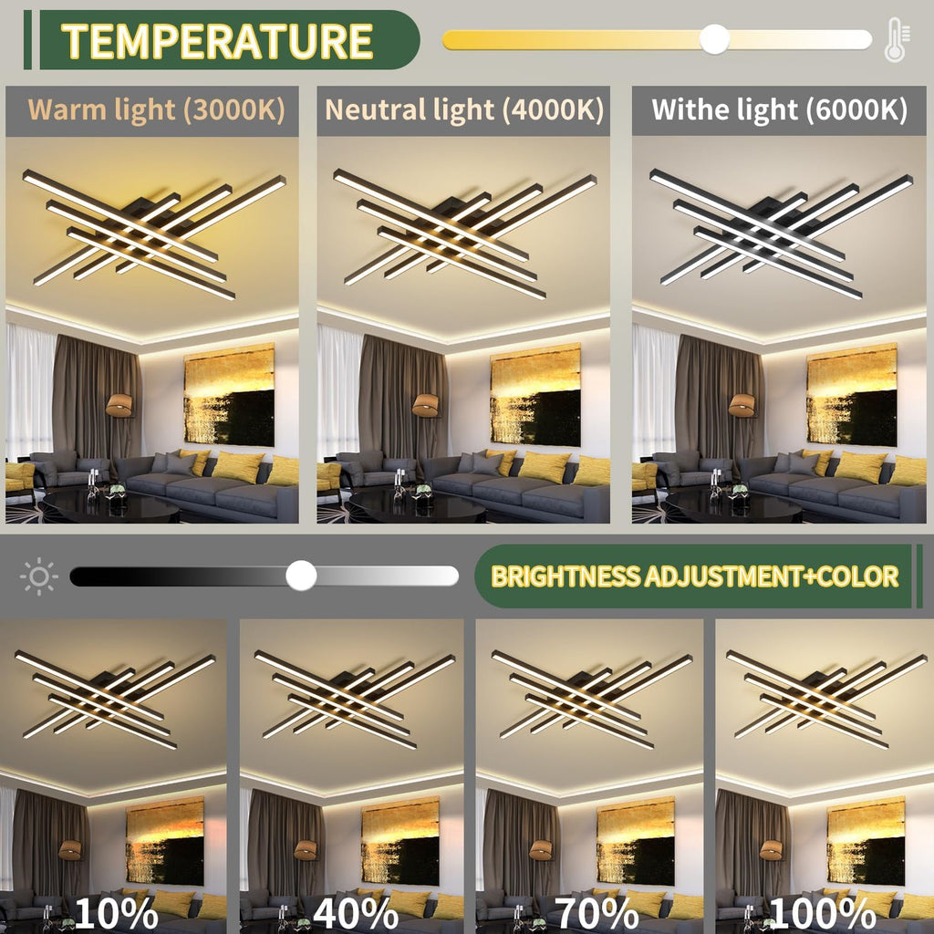 Modern LED Ceiling Lights 43.3' Black Flush Mount Ceiling Light Fixture Sputnik Dimmable Ceiling Lights with Remote Control for Bedroom Living Room Kitchen Room(6 Lights)