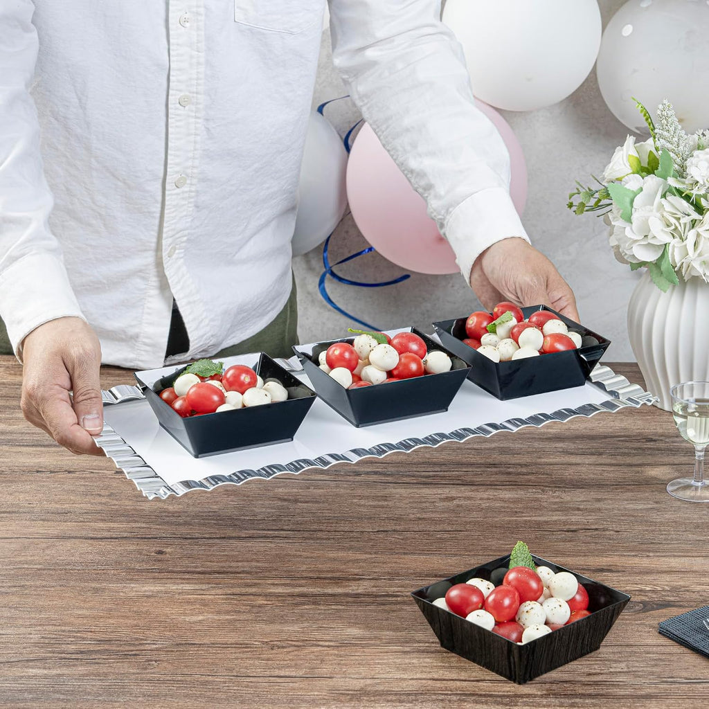Restaurantware 10 Ounce Square Bowls 100 Disposable Serving Bowls - Heavy-Duty Premium Black Plastic Salad Bowls For Parties Catering Or Buffets Serve Desserts Chips Popcorn Or Candies