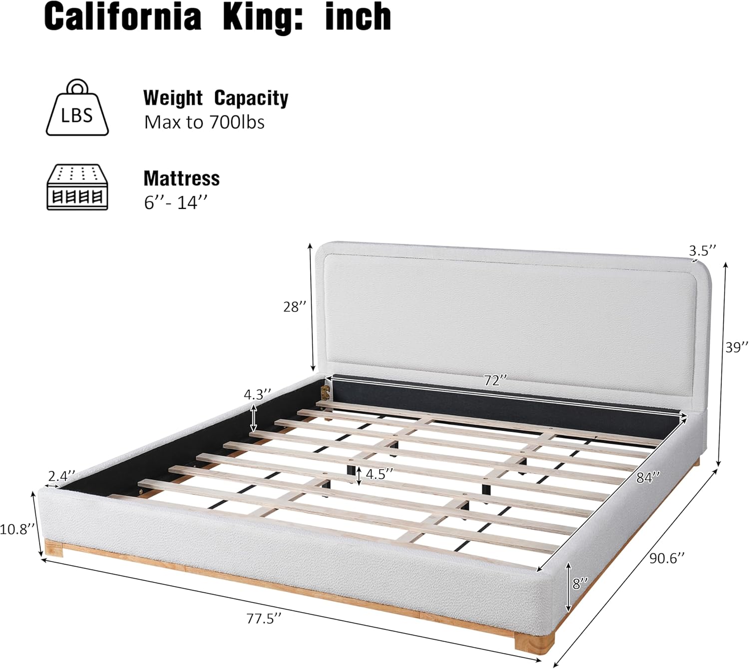 Christopher Knight Home Robey California King Size Bed Frame with Headboard, Boucle California King Bed Frame and Headboard, Wooden Slat Support, No Box Spring Needed, Easy Assembly, White