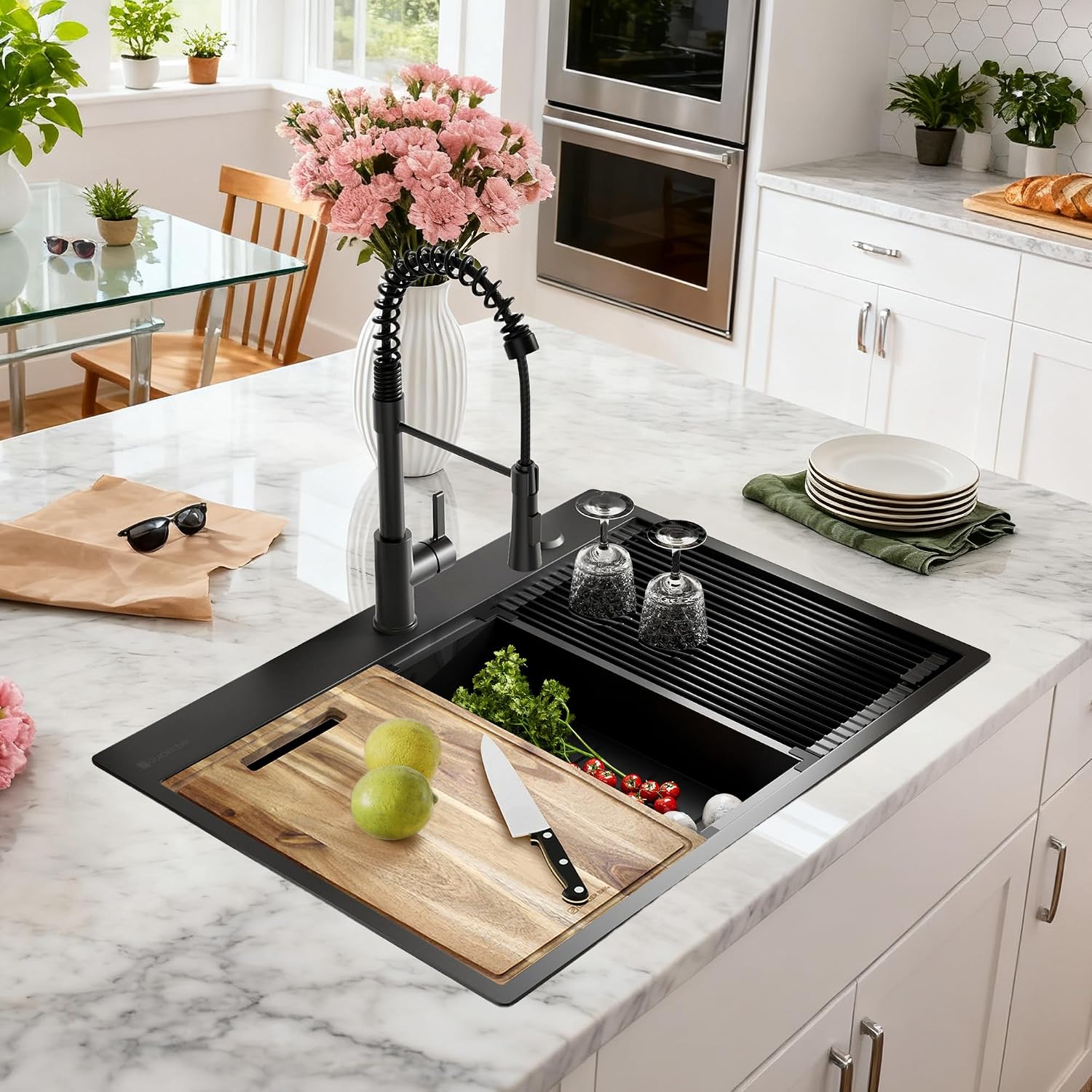 30 inch Dark Black Drop In Workstation kitchen Sink with Pull Out Faucet, Handmade Topmount Single Bowl 18 Gauge PVD-Nano Scratch-Resistant Stainless Steel Kitchen Sink with Accessories