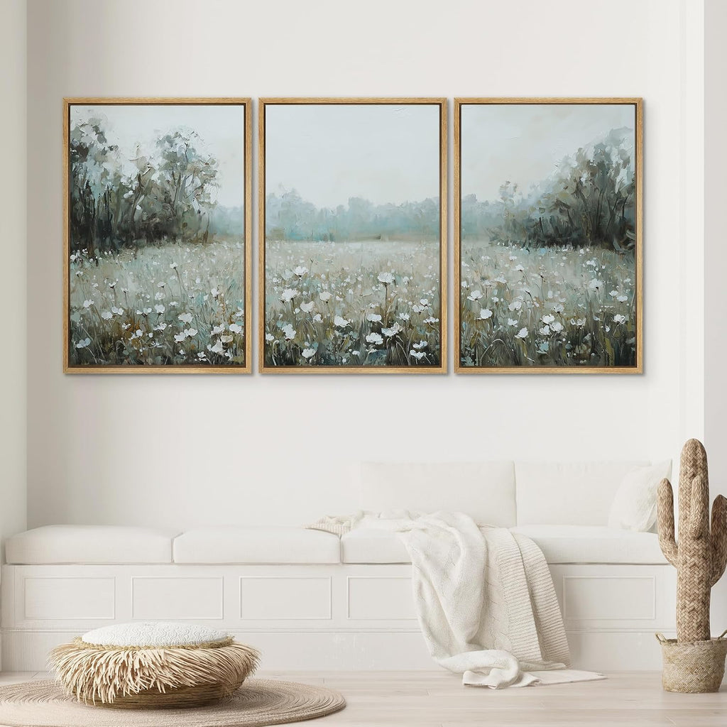 SIGNWIN Framed Canvas Print Wall Art Misty White Wildflower Meadow Serene Nature Landscape Illustrations Modern Bohemian Scenic Ultra for Living Room, Bedroom, Office - 16'x24'x3 Natural