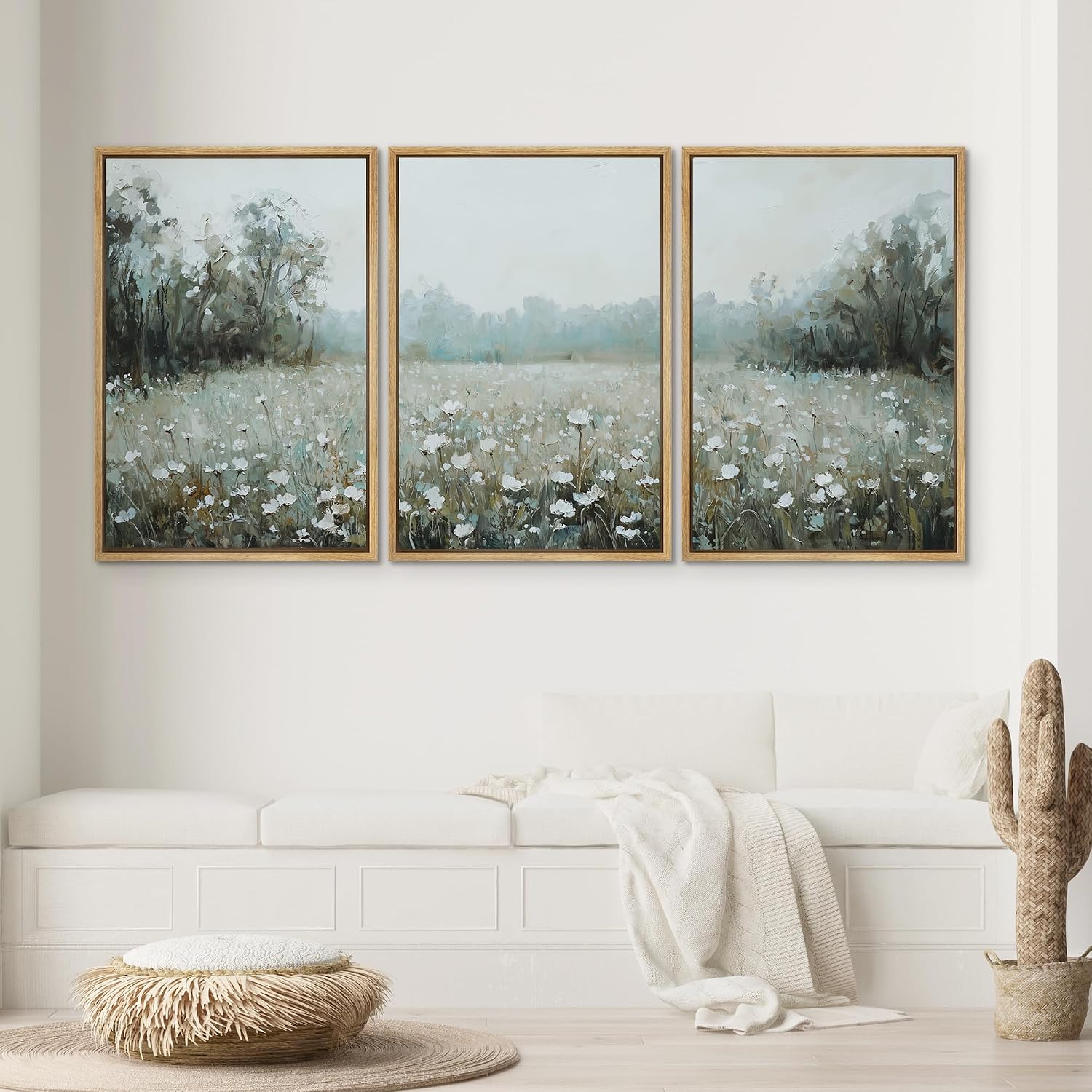 SIGNWIN Framed Canvas Print Wall Art Misty White Wildflower Meadow Serene Nature Landscape Illustrations Modern Bohemian Scenic Ultra for Living Room, Bedroom, Office - 16'x24'x3 Natural