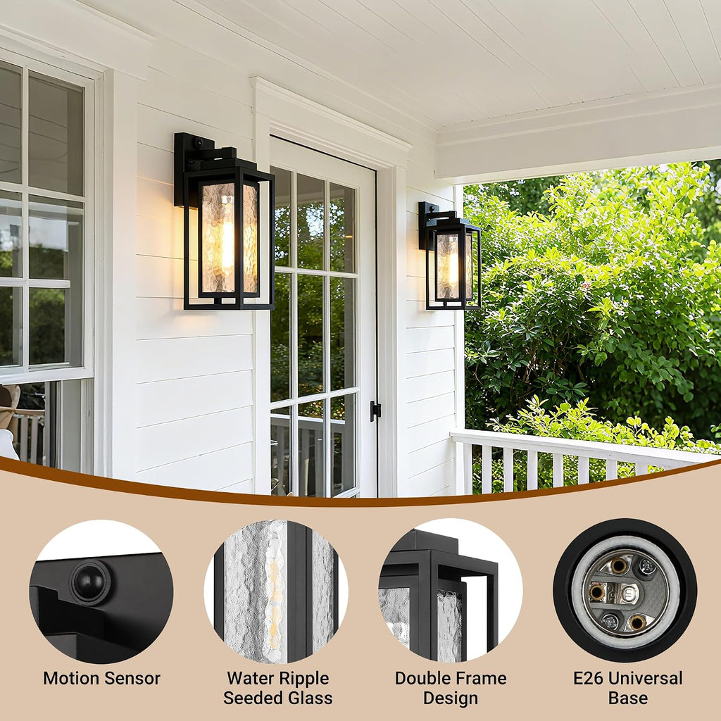 WIHTU Motion Sensor Exterior Porch Light Fixtures, Water Ripple Outdoor Wall Lantern, 2 Pack Sensor Wall Sconce Lights, Waterproof Outside Lantern Lamp, Porch Lamp for Garage, Doorway(Bulb Included)