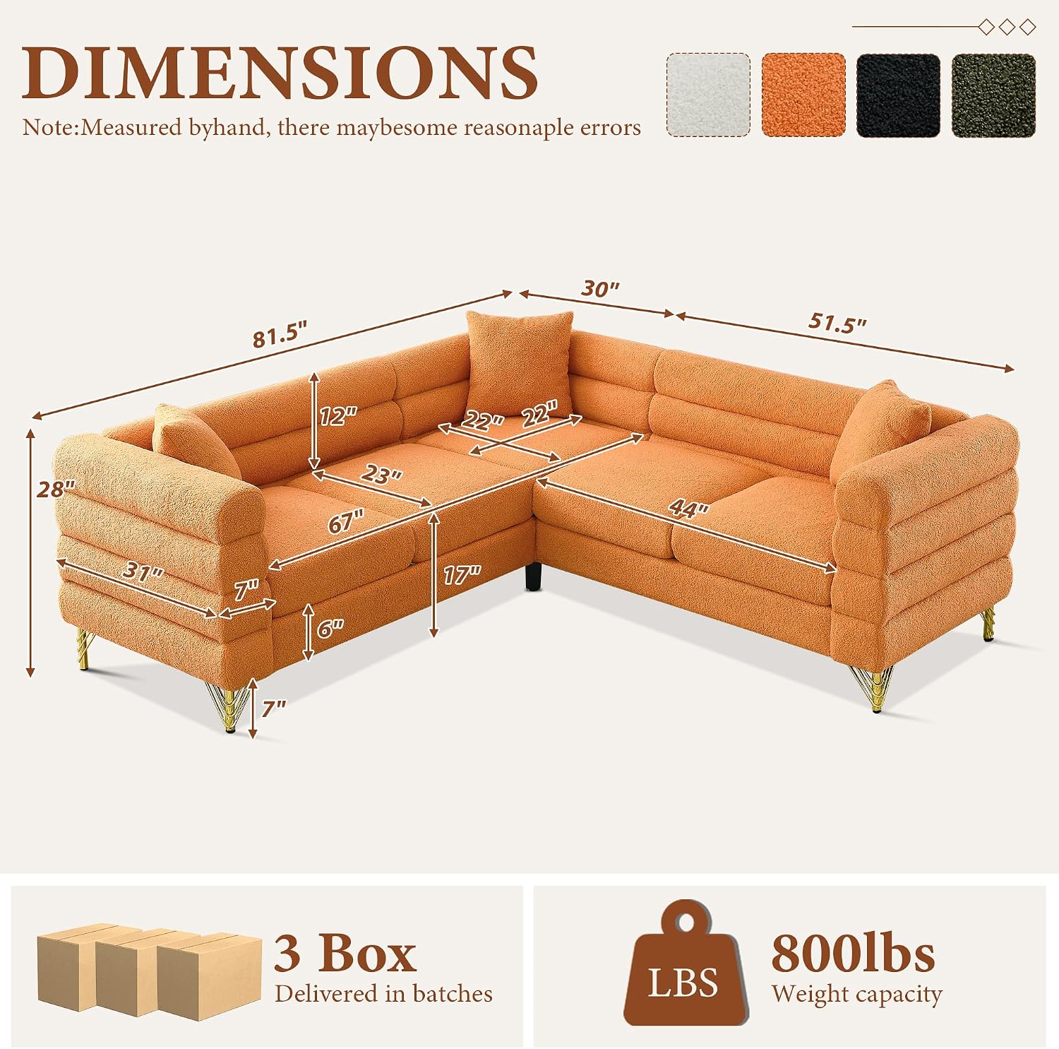L-Shaped Sectional Couch, 81.5' Oversized Corner Sofa Teddy Boucle Comfy Cloud Modern Upholstered Deep Seat Set with Stylish Metal Legs for Living Room Home Office,Apartment, Orange