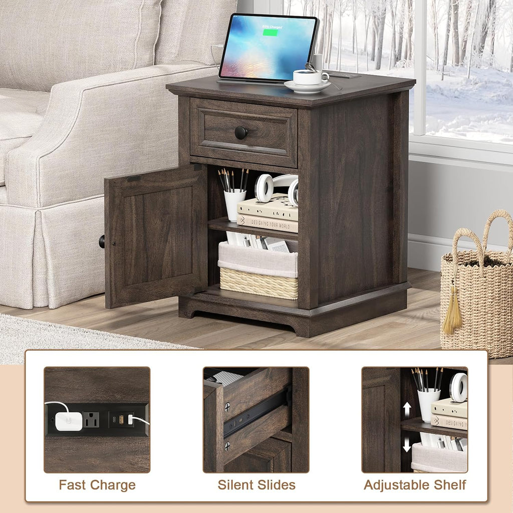 REDAYFUR 24' End Table with Fast Charging Station, Side Table with Drawer, Adjustable Shelf & Large Storage Cabinet, Vintage Wooden Nightstand for Living Room/Bedroom, Rustic Brown