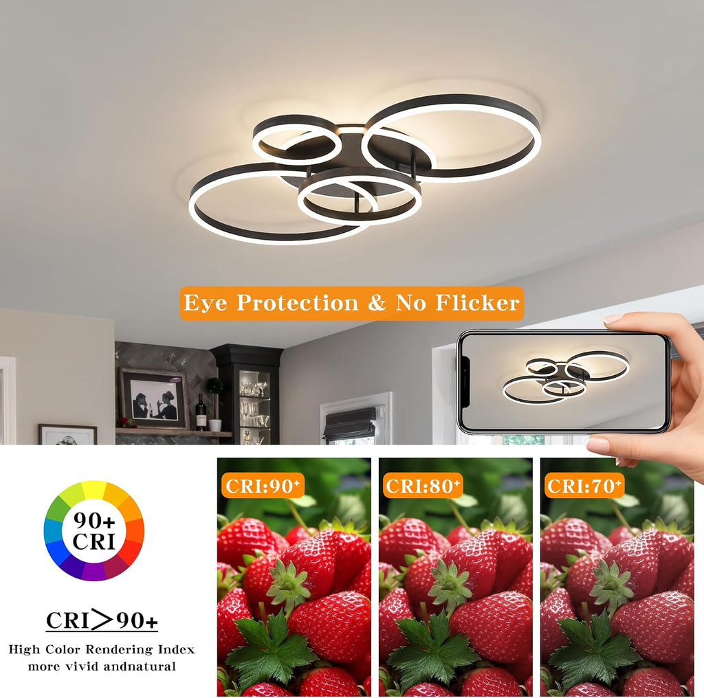 O'NEELDY Flush Mount Modern Ceiling Light Black Led Modern Light Fixtures Ceiling Mount Lights 4 Rings Led Chandelier Lamp Fixture with Remote for Living Room Kitchen Dining Room Bedroom