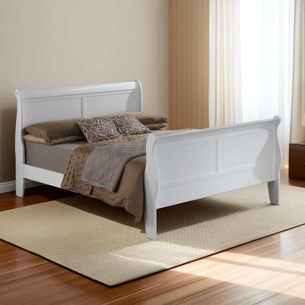 GDFStudio Queen Size Wood Platform Bed Frame, Classic Sleigh Design with Curved Trim & Wood Posts,Easy Assembly, Box Spring Required,Timeless Elegant Bedroom Furniture,White