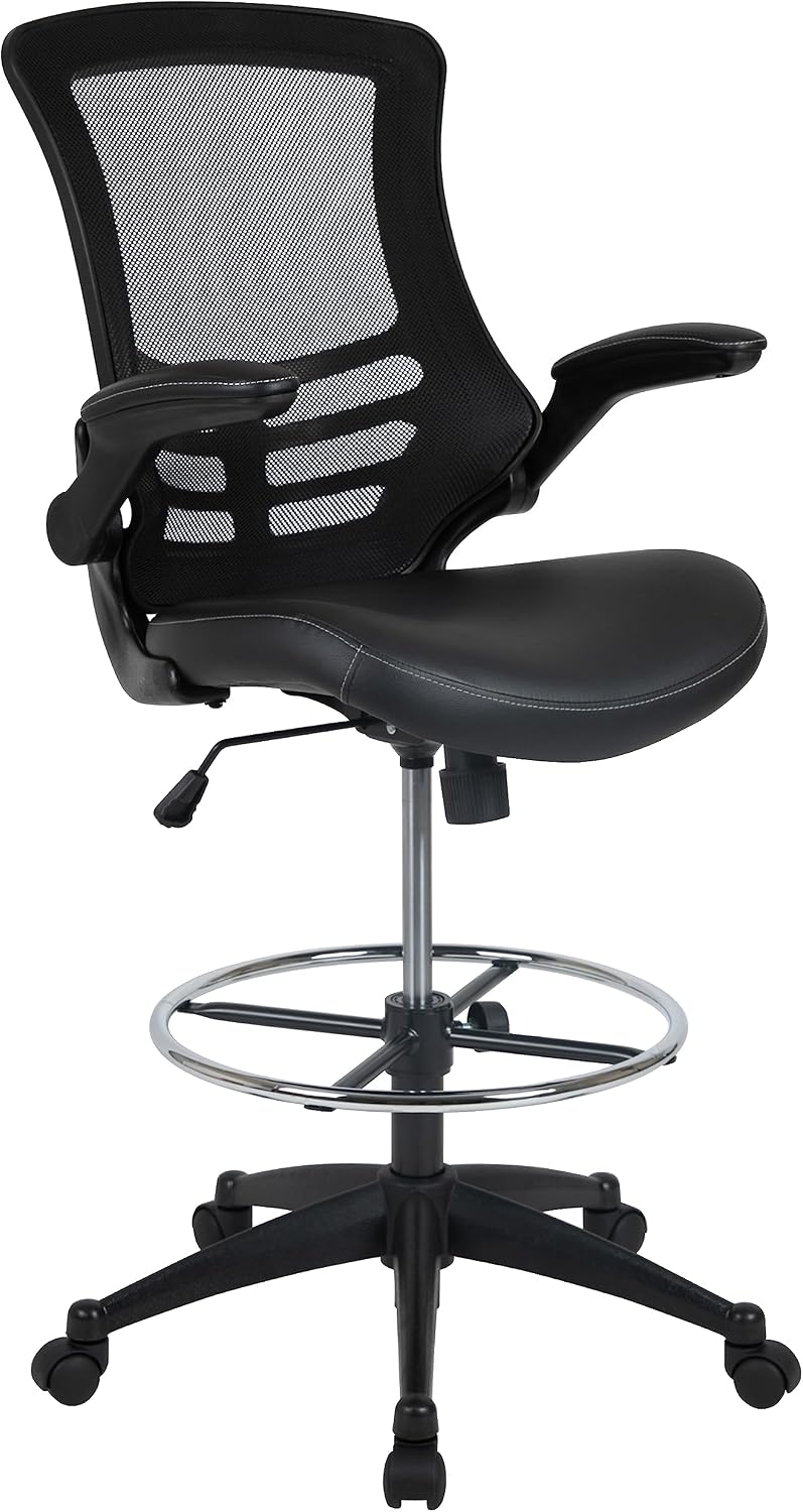 Flash Furniture Kelista Mid-Back Swivel Office Chair with Adjustable LeatherSoft Seat Height, Ergonomic Mesh Chair with Flip-Up Arms, Black