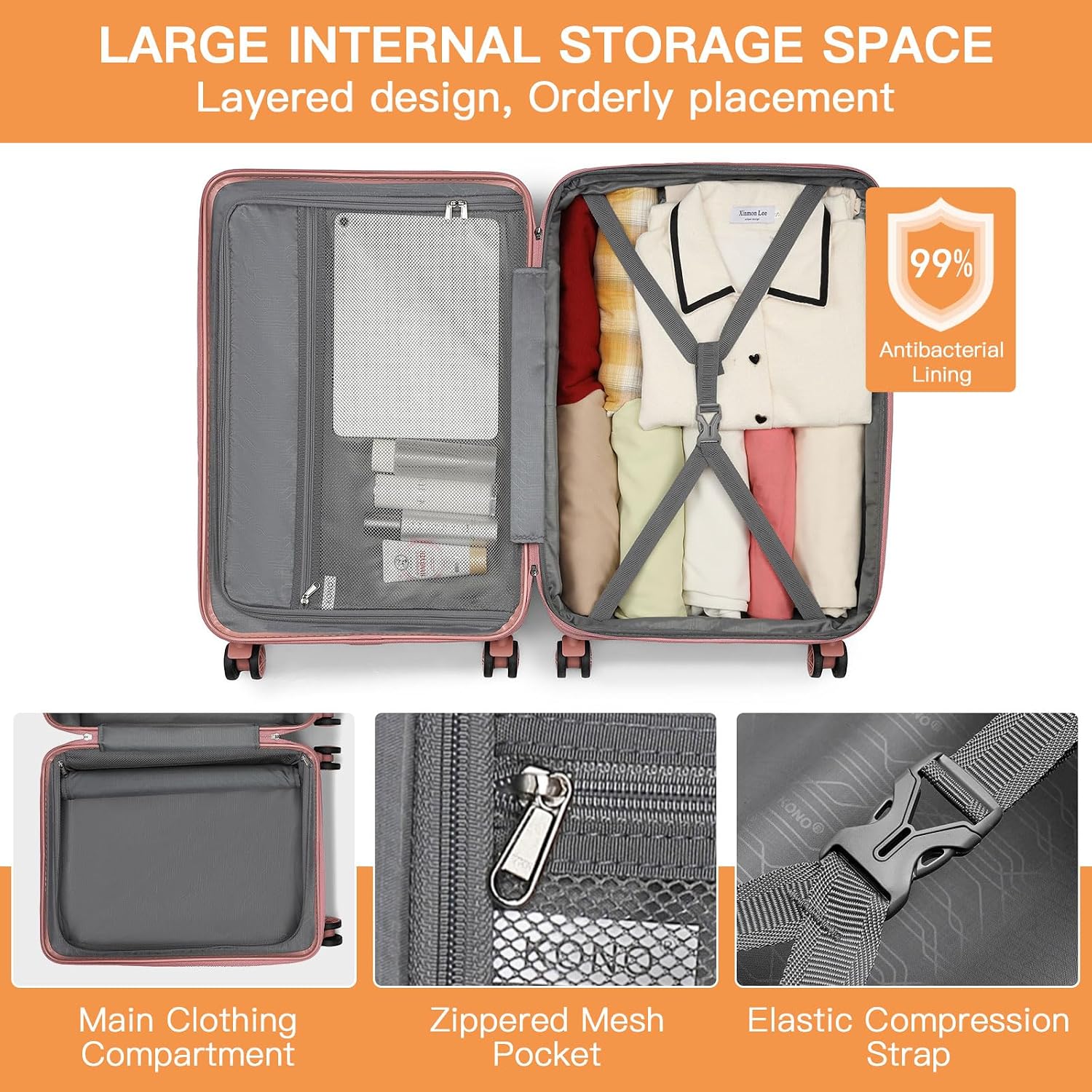 Kono Expandable Luggage 3 Piece Set Hardshell Lightweight 20in 24in 28in Carry On Suitcase with Spinner Wheels TSA Lock(Nude/Rose Gold)