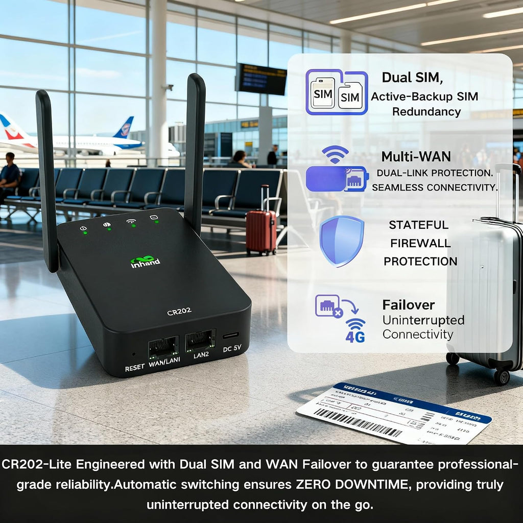 InHand Networks CR202-Lite 4G LTE Router with Battery (3000mAh), Dual Ethernet Ports, for POS & Business,Certified by AT&T/T-Mobile/Verizon, 4G CAT6 Cellular Modem for RV Travel & Camping & Business