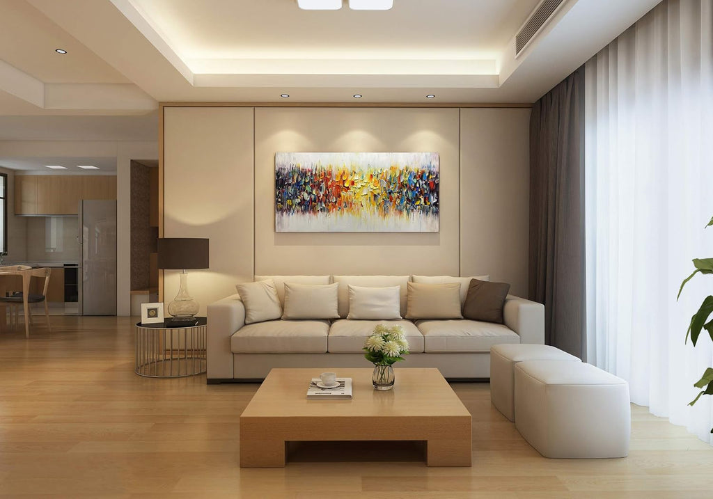 AMEI Art,24x48Inch Hand Painted Abstract Knife Oil Painting Yellow White Textured Wall Art Colorful Modern Artwork Handmade Acrylic Painting Stretched and Framed Ready to Hang
