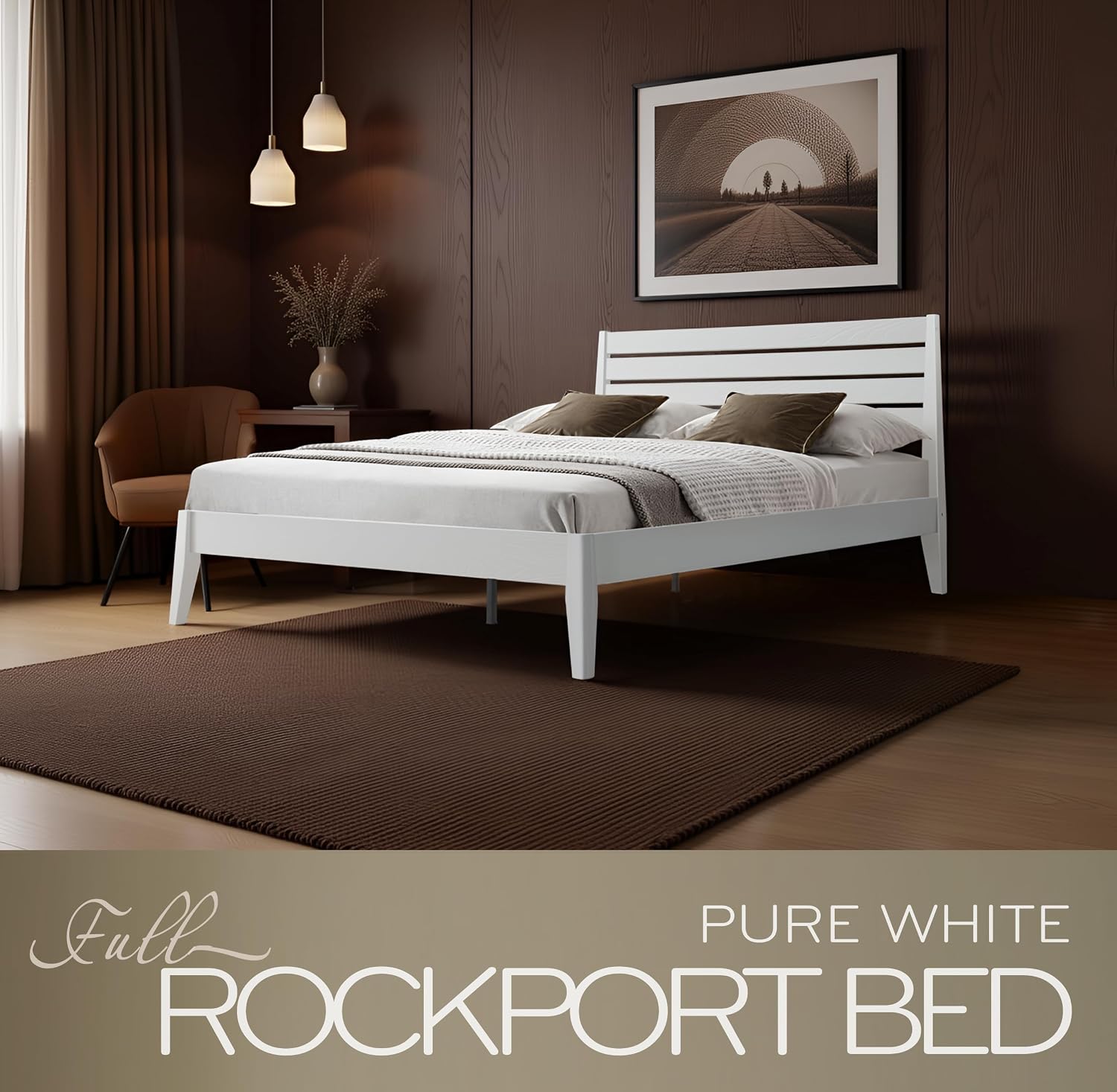Full Size Solid Wood Platform Bed Frame with Headboard and Footboard, 12 Sturdy Slats, Center Metal Legs, Easy Assembly, No Box Spring Needed, Anti-Noise & Slip-Free Design, Pure White Finish. RKF-39