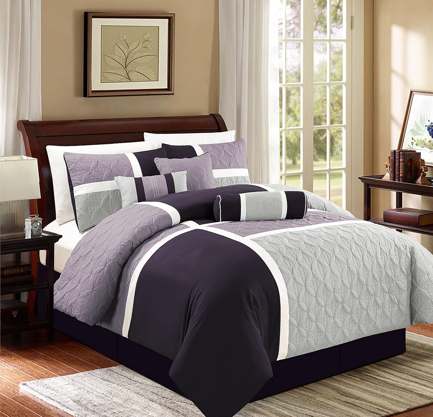 Chezmoi Collection Upland 7-Piece Quilted Patchwork Comforter Set, Lavender/Gray/Purple, Oversized King
