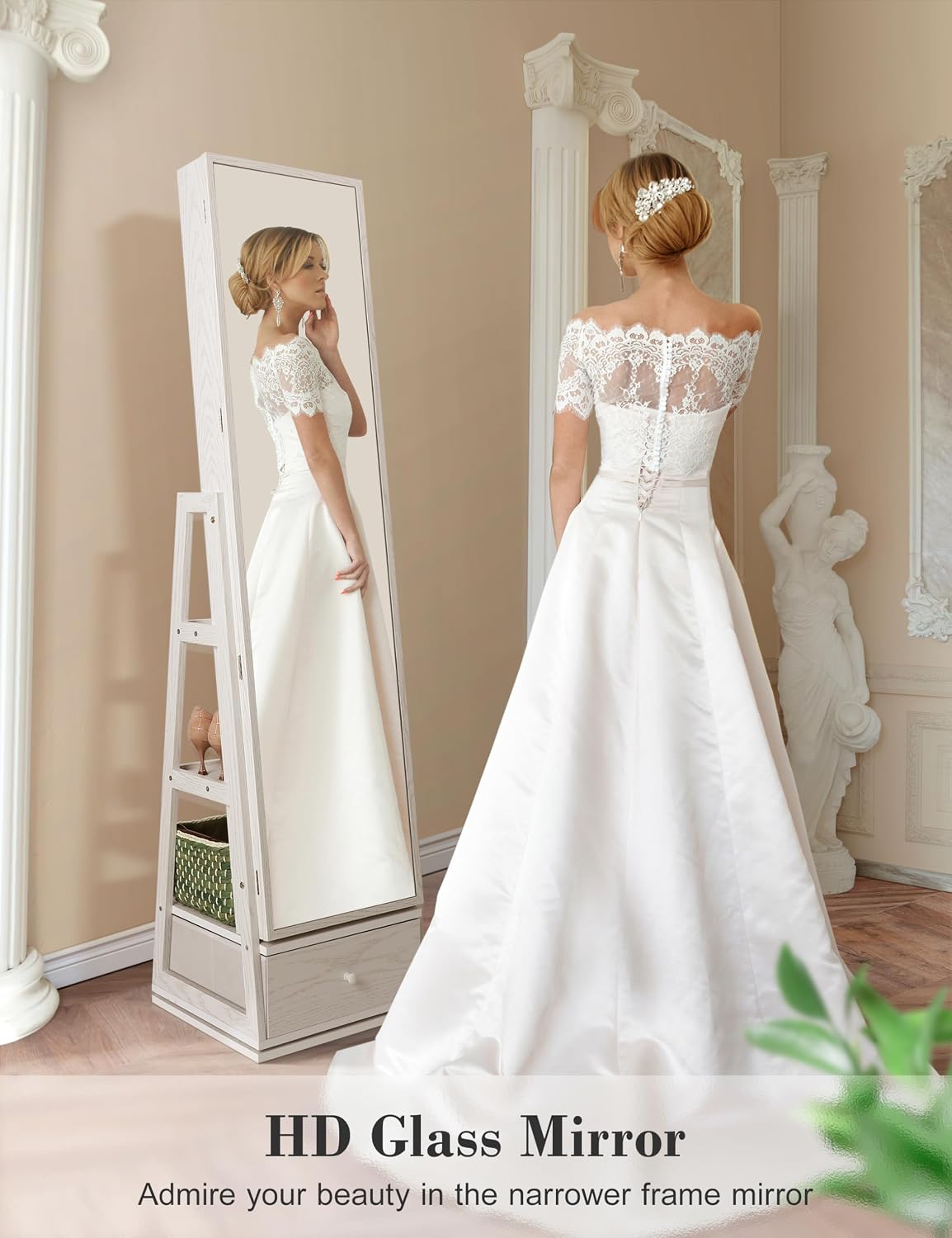 Nicetree 360° Swivel Jewelry Cabinet with Lights, Touch Screen Vanity Mirror, Rotatable Full Length Mirror with Jewelry Storage, Standing Jewelry Armoire Organizer, Foldable Makeup Shelf, Pure White