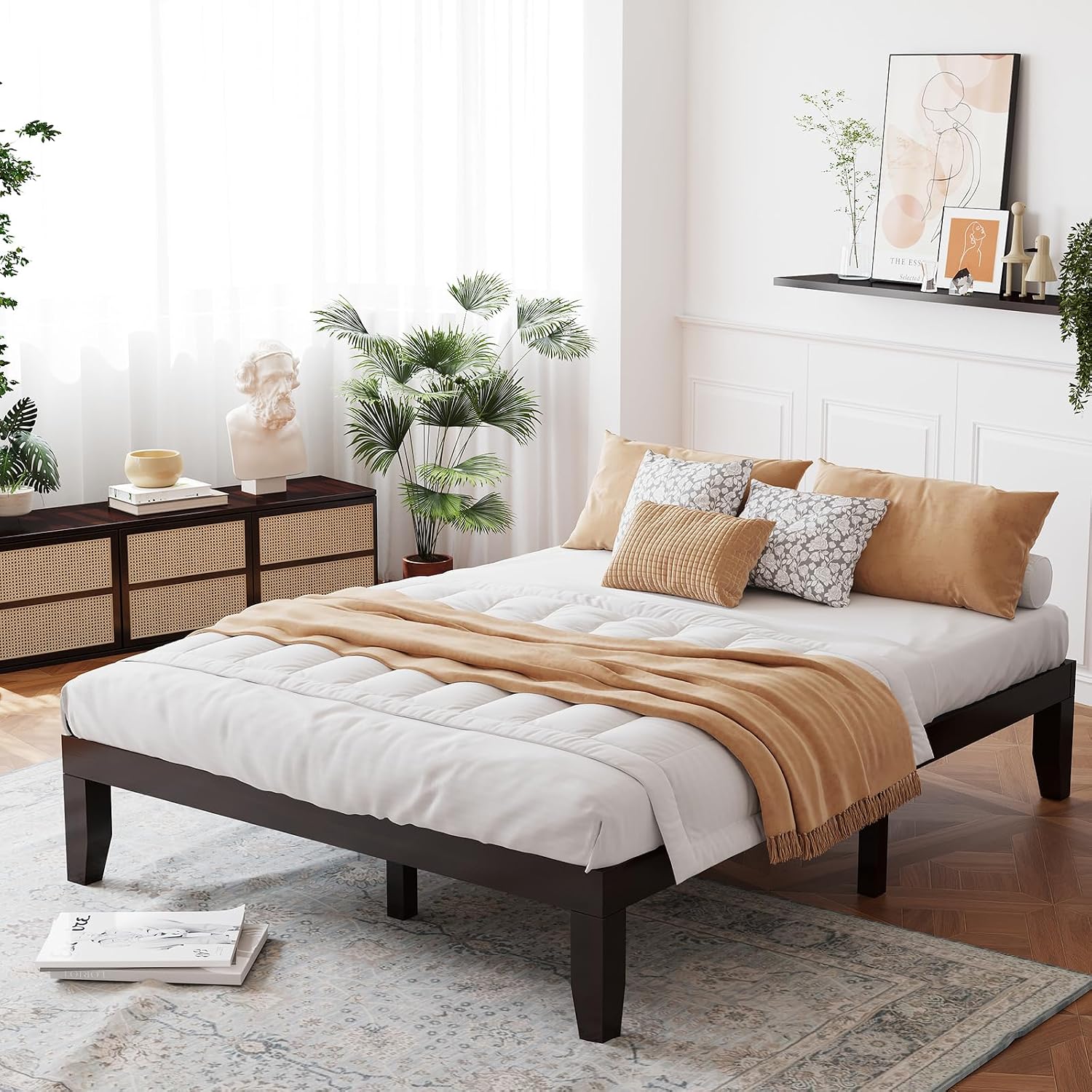 Giantex 14 Inch Queen Wood Platform Bed Frame, Minimalist Style Mattress Foundation with Solid Rubber Wood, Heavy Duty Slat Support, Without Headboard, Easy Assembly, No Box Spring Needed, Espresso