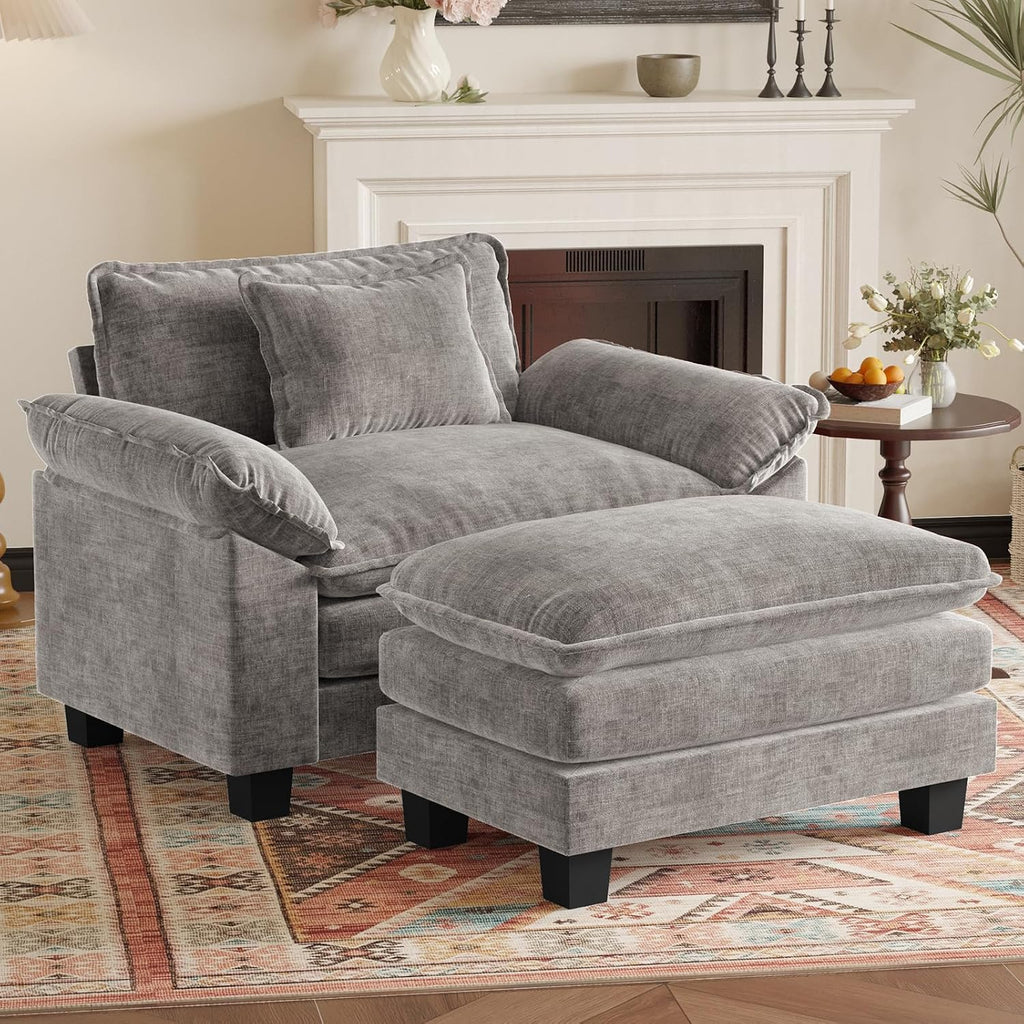 HUSFU Oversized Accent Chair with Ottoman, Chenille Cloud Couch Chair with Deep Seat and Extra Wide Armrests, Comfy Reading Armchair for Bedroom, Living Room, Gray