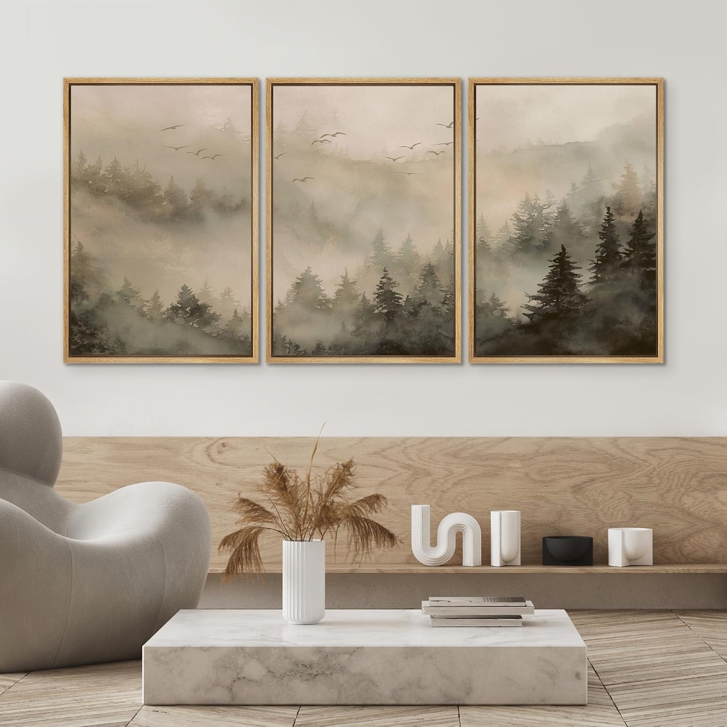 SIGNWIN Framed Canvas Print Wall Art Set Misty Pine Forest Landscape Neutral Woodland Illustrations Modern Scenic Colorful Ultra for Living Room, Bedroom, Office - 24'x36'x3 Natural