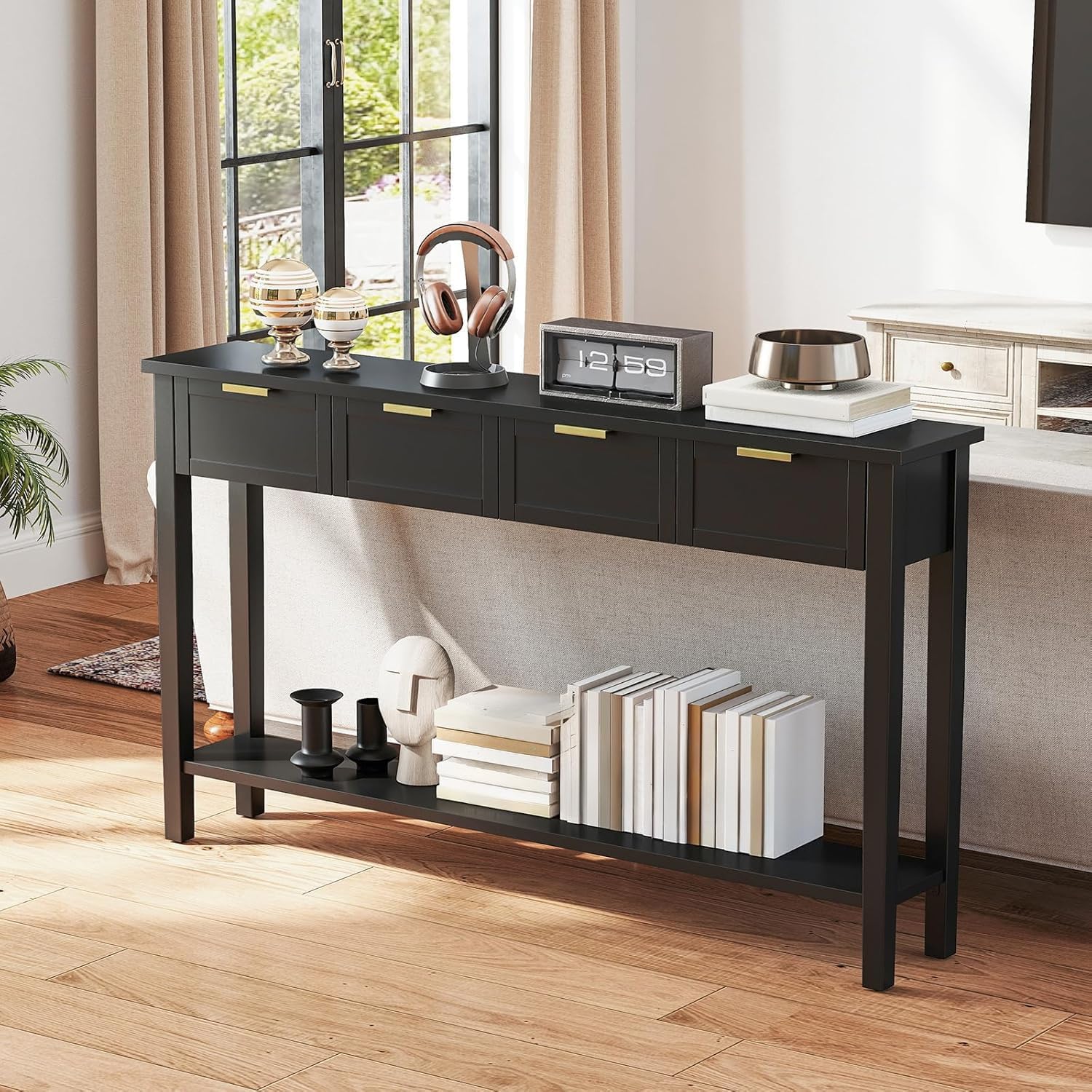 kinbor Long Console Table - 2-Tier Narrow Sofa Table with Open Shelf & 4 Drawers, Modern Narrow Console Table Entryway Table with Storage for Entryway Living Room Bedroom Kitchen, Black