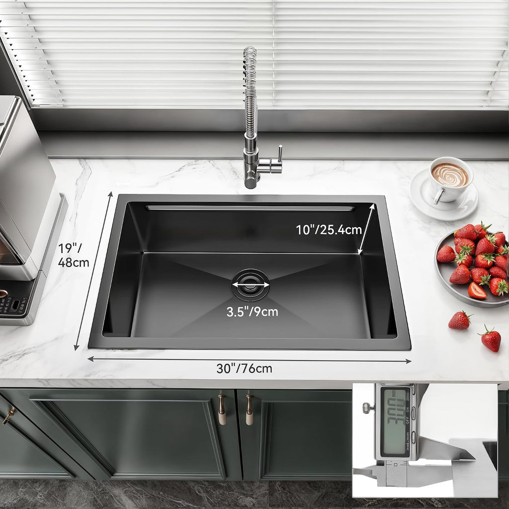 YITAHOME Kitchen Sink 16 Gauge Stainless Steel Drop-In Sinks, Nano Gunmetal Black Undermount Single Bowl Basin with Ledge and Accessories for Workstation, RV, Prep Kitchen, Bar Sink, 30 x 19 x 10 Inch