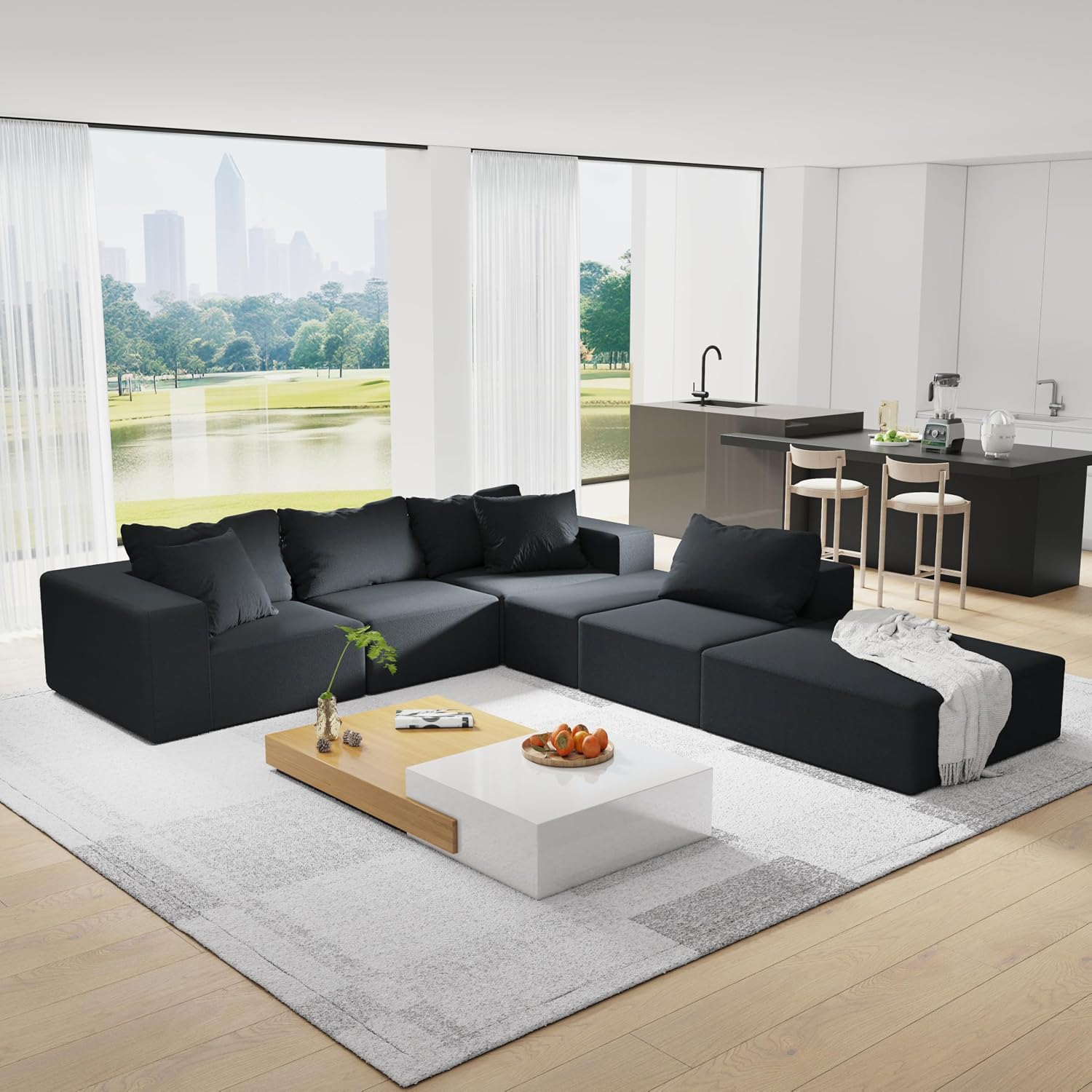 RuiSiSi Modern Upholstered Sectional Sofa Couch Set, 132' Modular L-Shaped Sectional Sofa Set with 6 Pillows, Free Combination Couch for Living Room, Bedroom, No Needed Assembly, Black