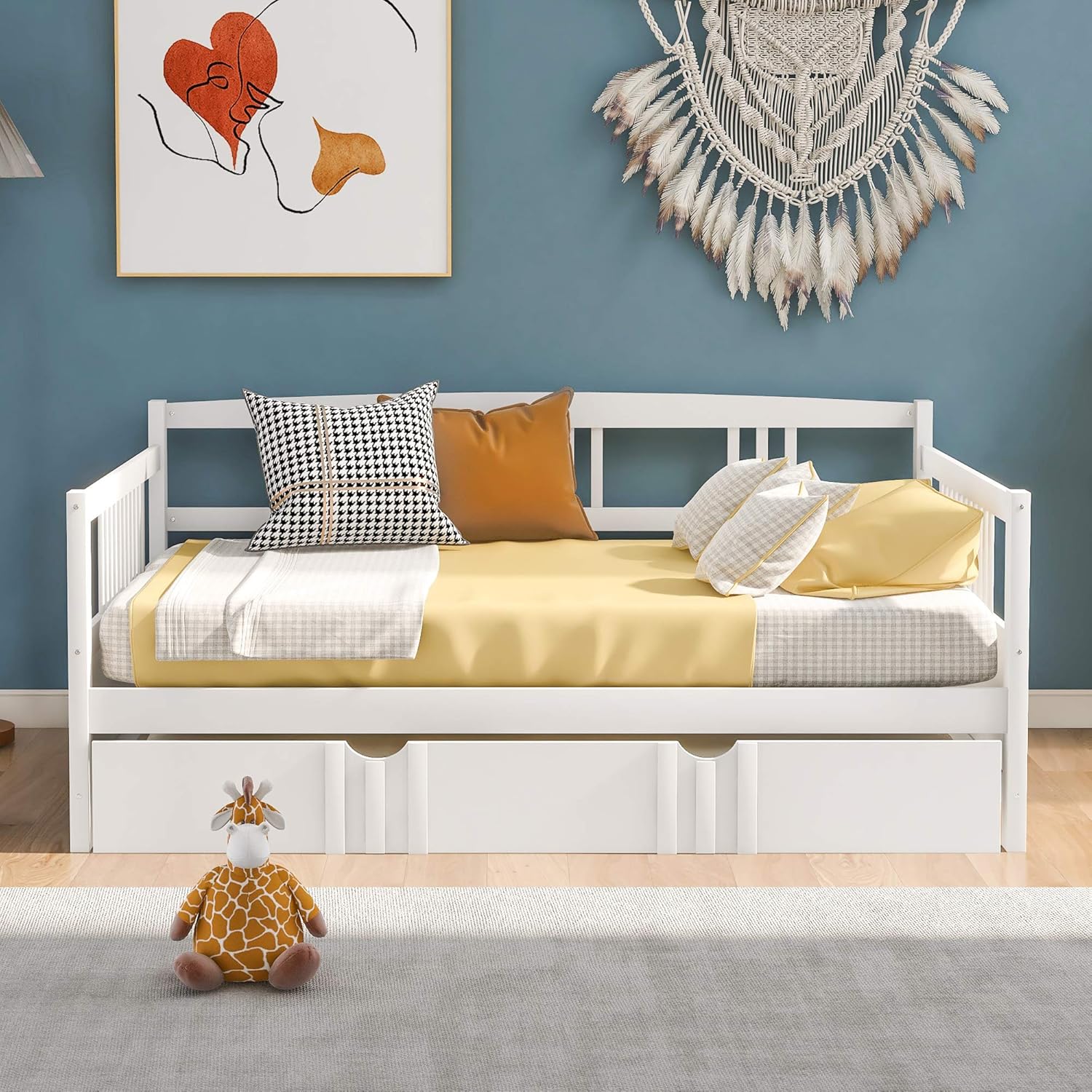Full Size Daybed Wood with Double Ded Hideaway Trundle,Multi-Functional Design Bed Frame,W/Rails in Three Sides,Slat Support,No Box Spring Needed,forApartment,Bedroom,White